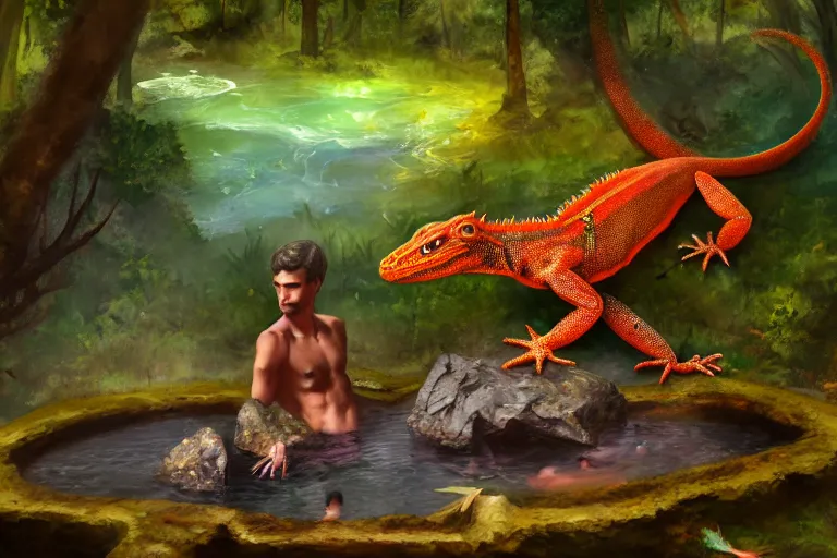 Prompt: anthro man lizard finding a colorful hotspring deep in forest, oil painting, highly detailed, medieval fantasy, featured on artstation