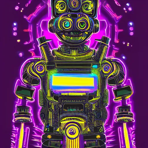 Prompt: black tshirt with a hyperdetailed portrait of a trippy diesel punk robot, 8 k, symetrical, flourescent colors, multicolored,