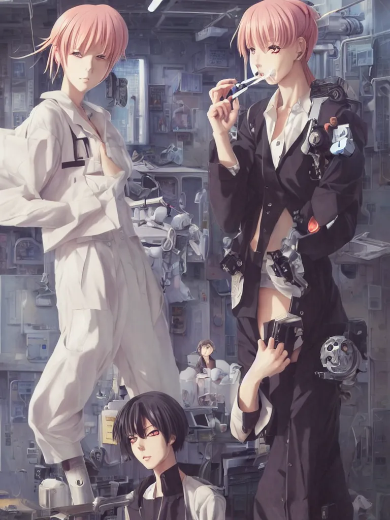 Prompt: Portrait of an anime woman smoking a cigarette, standing in front of a cyborg repair shop, intricate school uniform, whole body, feminine figure, smooth skin, gorgeous, pretty face, beautiful fashion model body, high detail, hyper realistic, while a lone futuristic military cargo ship flies overhead, by Greg Rutkowski and Krenz Cushart and Pan_Ren_Wei and Hongkun_st and Bo Chen and Enze Fu and WLOP and Madhouse Inc., anime style, crepuscular rays, set in rainy futuristic cyberpunk Tokyo street, dapped light, dark fantasy, cgsociety, trending on artstation