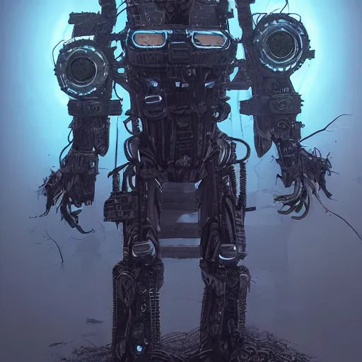 Image similar to Hunter in combat dieselpunk giant walker exoskeleton with chrome details walks between the mystical foggy roots. Style as if Dan Mumford and Tsutomu Nihei make game in Unreal Engine, photorealism, colorful, finalRender iridescent fantasy concept art 8k resolution concept art ink drawing volumetric lighting bioluminescence, plasma, neon, brimming with energy, electricity, power, Colorful Sci-Fi Steampunk Biological Living, cel-shaded, depth, particles, lots of reflective surfaces, subsurface scattering