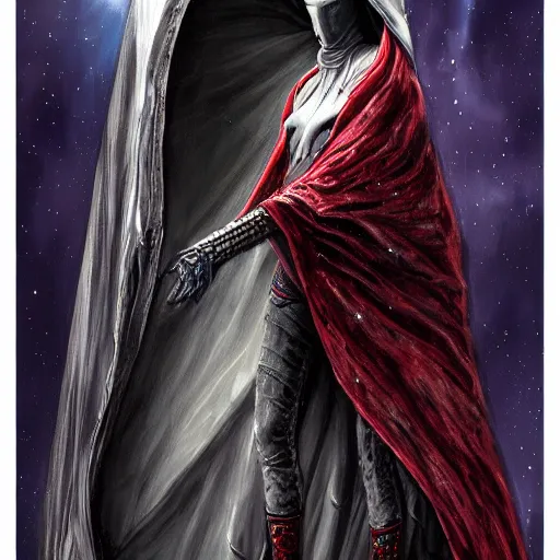 Prompt: tall thin gray - skinned brooding space elf priestess in ornate hooded long red cloak, on space station, highly detailed, mike mignogna, comic book, science fiction, dark tones, dark, rough paper, oil painting