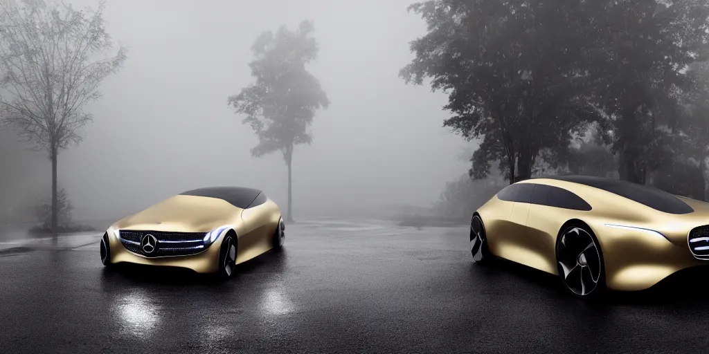 Prompt: parked Mercedes Benz Vision AVTR car, fog, rain, volumetric lighting, beautiful, golden hour, sharp focus, highly detailed, cgsociety