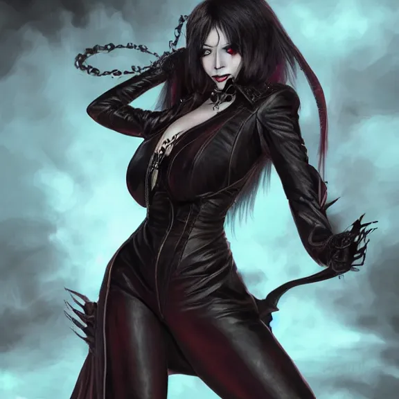 Image similar to A female vampire with generous cleavage in a leather pants, with a black leather jacket, big fangs dropping blood, devil wings , D&D , fantasy , highly detailed, digital art, artstation, smooth, sharp focus, fantasy illustration, art by Peter Tang and artgem and Alina Ivanchenko and Hirokazu Yokohara and Kago Shintaro