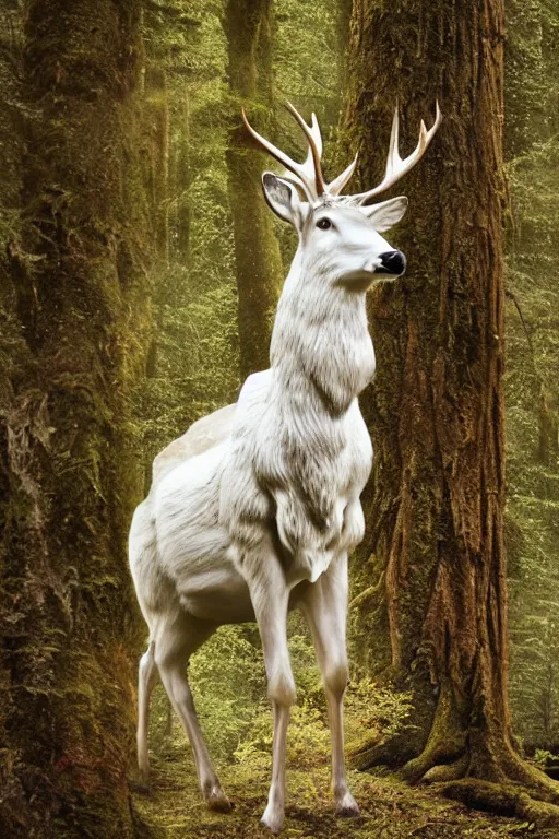 Prompt: king of the forest, a white stag, beautiful, fantasy, hyper realistic, dramatic lighting, 8k