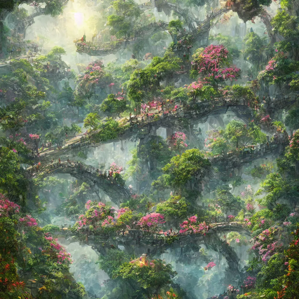 Image similar to a beautiful nature civilization, fancy, flowers, bridges, nature city, people, tree houses, trending on artstation, behance, deviantart