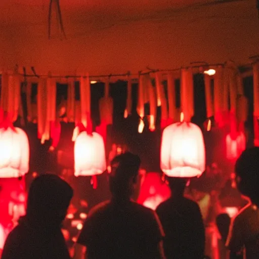 Prompt: a tiny night club with five red chinese lanterns, people's silhouettes close up, wearing white t - shirts that glow in the dark, minimalism, darkness