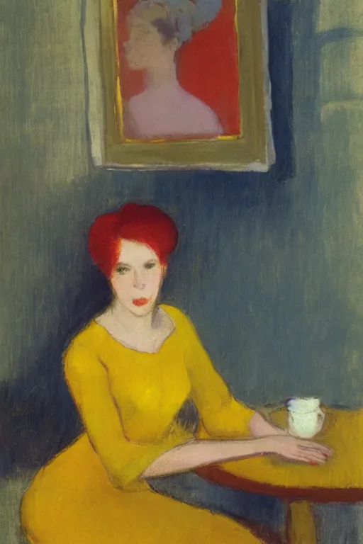 Image similar to a portrait of a young woman with red hair, wearing a yellow dress, drinking tea, by charles hawthorne