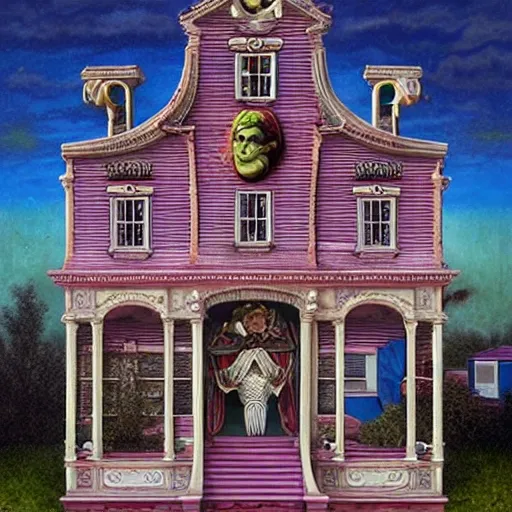 Image similar to a house with many rooms, 8k , lowbrow surrealistic, in the style of Mark Ryden,