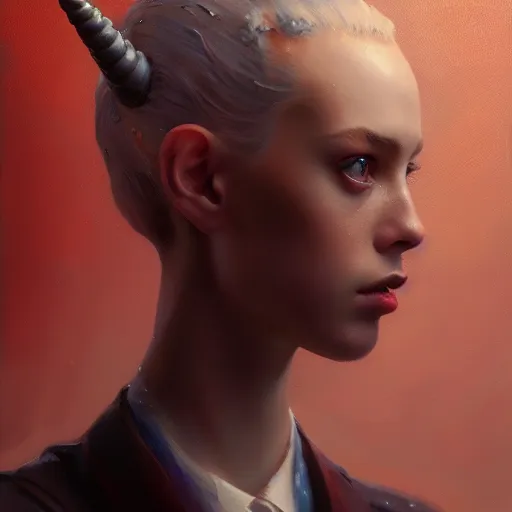 Prompt: expressive oil painting inicorn with two! heads!, seductive look, smirking, smooth school uniform, seriuos look, made from beads, glamour shot, by yoshitaka amano, by greg rutkowski, digital art, octane render, artstation, grunge aesthetic