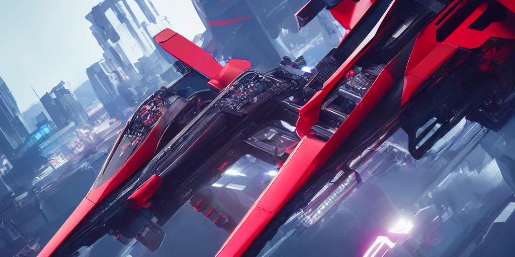 Image similar to cyberpunk concept inspired jet, futuristic look, highly detailed body, aerodynamic body, photorealistic camera shot, bright studio setting, studio lighting, crisp quality and light reflections, unreal engine 5 quality render, red and black tones, isometric view