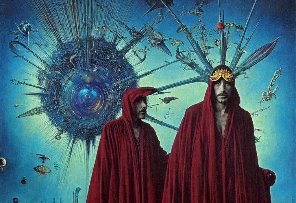 Image similar to realistic detailed portrait movie shot of a birdman wearing dark robes, sci fi city landscape background by denis villeneuve, amano, yves tanguy, alphonse mucha, ernst haeckel, max ernst, roger dean, masterpiece, rich moody colours, blue eyes, occult