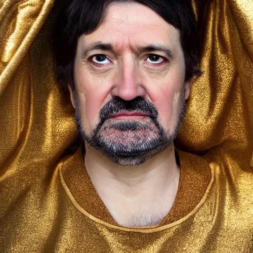 Image similar to richard iv the roman king, real human wearing golden cashmere pyjama, soft studio lighting, sigma lens photo,