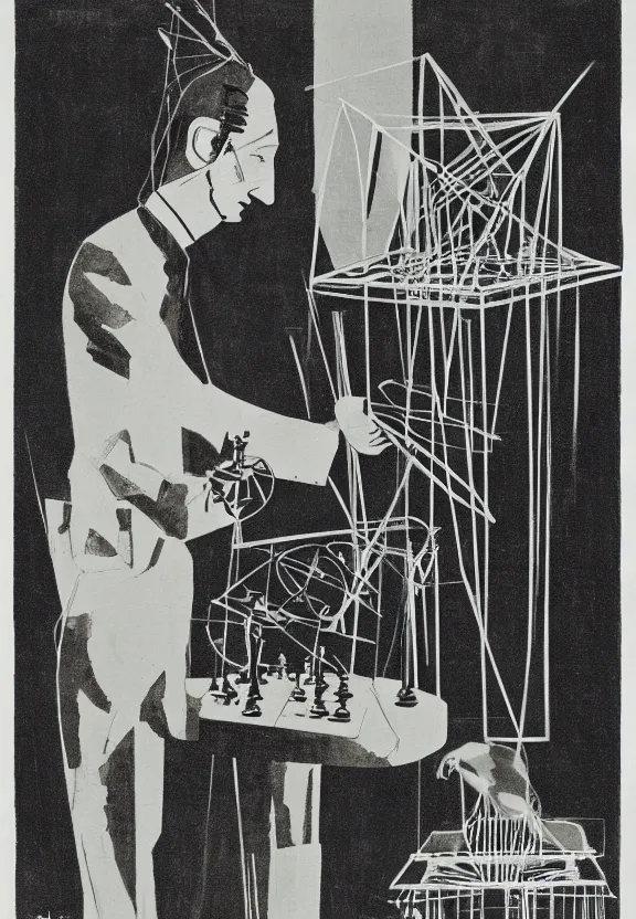 Image similar to a concept drawing of marcel duchamp holding up a chess - piece wire - machine, a surrealist painting by marcel duchamp, complex artificial - intelligence machinery, minimal sketch flow - chart, academic art, 1 9 2 0 s