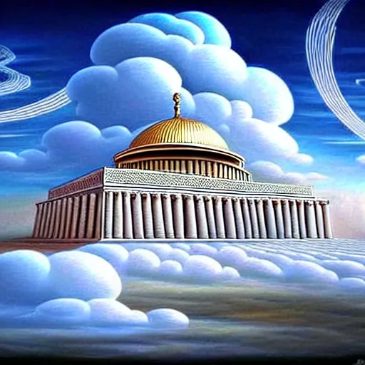 Prompt: hidden imagery incredible digital art optical illusion, superb detailed clouds shaped like the second temple in jerusalem, awe inspiring, masterpiece surrealism