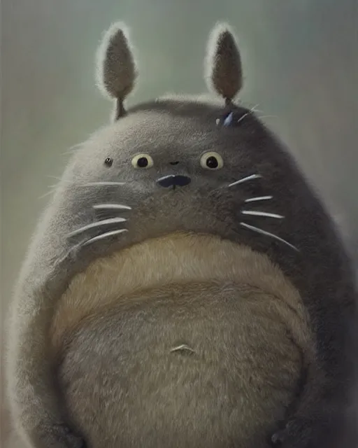 Prompt: portrait of real life totoro, hyperrealistic, very detailed fur, sharp focus, fine lines, fine art, soft colors, in sunlight, detailed painting by mark arian, artgerm, bastien lecouffe - deharme