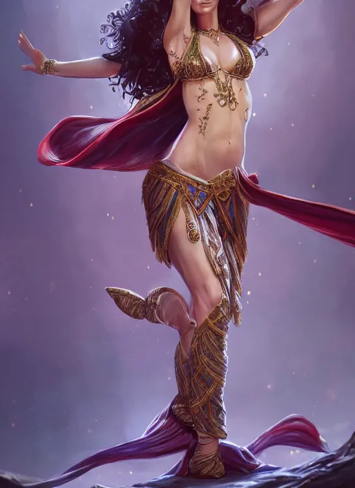 Prompt: a highly detailed illustration of Evangeline Lilly as an elegant elf arabian dancer, gracefully belly dancing pose, intricate, elegant, highly detailed, centered, digital painting, artstation, concept art, smooth, sharp focus, league of legends concept art, WLOP