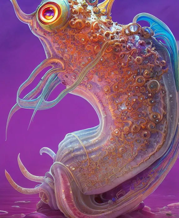 Image similar to intricate colorful transparent portrait of a terrifying beautiful alien sea slug, horns, mottled coloring, adorable, childlike, anxiety environment, ultra realistic, concept art, art nouveau, photorealistic, octane render, 8 k, unreal engine. art by christopher marley and artgerm and greg rutkowski and alphonse mucha