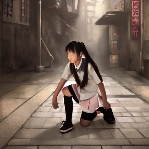 Image similar to perfect, realistic oil painting of japanese schoolgirl kneeling, in sci-fi dystopian alleyway, by an American professional senior artist, Hollywood concept, dynamic composition and motion, postproduction.