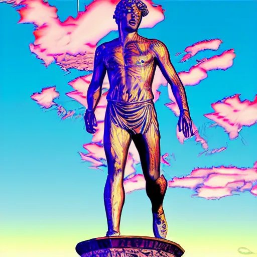 Prompt: a statue of helios, vaporwave comic book style, highly detailed