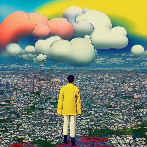 Image similar to a man walking on clouds away from the camera above kyoto by takashi murakami, beeple and james jean, aya takano color style, 4 k, super detailed, modern, 4 k, symmetrical