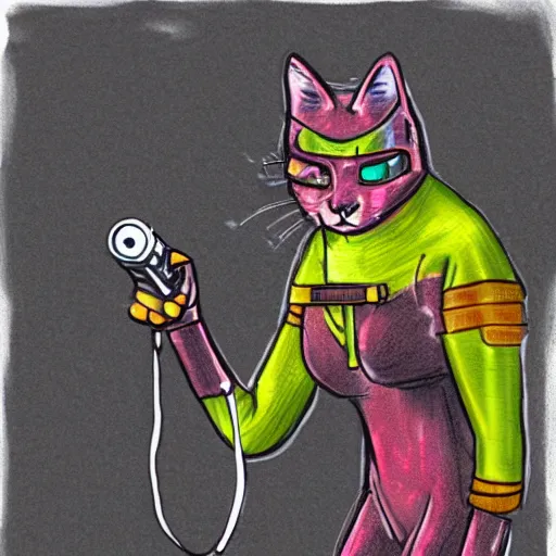 Image similar to cat in cyberpunk suit sketch holding laser gun