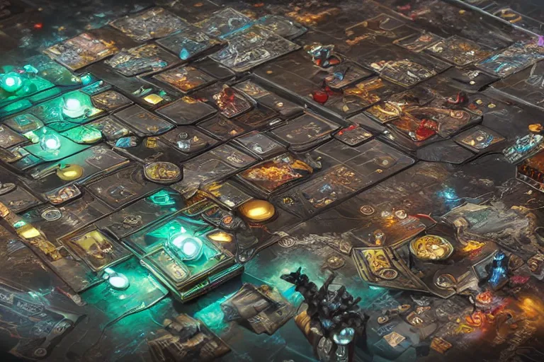 Image similar to an intricate 3D cyberpunk board game with figurines, cards and book around, beautiful illustrated map, photo realistic, artstation