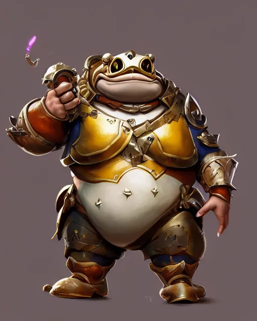 Prompt: a fat short anthropomorphic toad wearing regal ornate armor, battle stand, smooth, intricate, elegant, power aura, digital painting, artstation, concept art, high tech fantasy, sharp focus, illustration, art by james jean and justin gerard, overwatch character