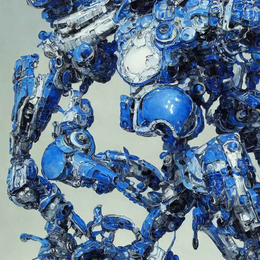 Image similar to a close - up portrait of an ornate blue and white porcelain mecha made out of white vitrified translucent ceramic ; china. reflective detailed textures. gloomy black background. highly detailed fantasy science fiction painting by moebius, norman rockwell, frank frazetta, and syd mead. rich colors, high contrast. artstation