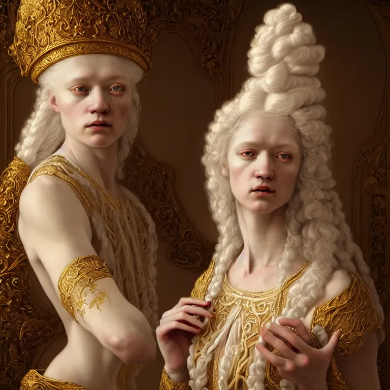 Prompt: renaissance style a wonderful woman albino goddess with a wonderful face and realistic arms and hands and realistic body with long intricate hair with a beautiful porcelain symmetrical body dressed with a majestic warp ornate cream long cotton dress, hightly ornate, intricate, detailed, dramatic light, cinematic, award winning, octane render, tom bagshaw style