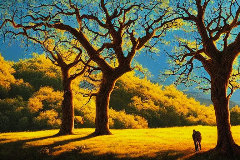 Image similar to masterpiece painting of oak trees on a hillside overlooking a creek, dramatic lighting, by dan mumford