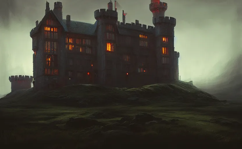 Prompt: an old english castle with moody and cinematic lighting by greg ruthkowski and simon stalenhag jama jurabaev and illya repin, cinematic and atmospheric, concept art, artstation, trending on artstation