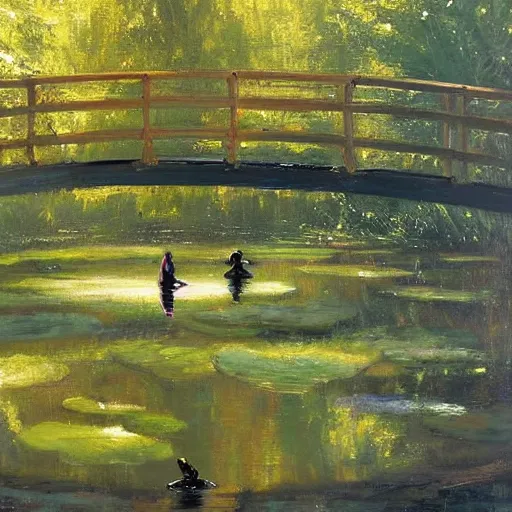 Image similar to Painting. a young girl is sitting on the edge of a pond, with her feet in the water. She is looking at a frog that is sitting on a lily pad in the pond. pine green by Wadim Kashin, by Bruce Munro earthy
