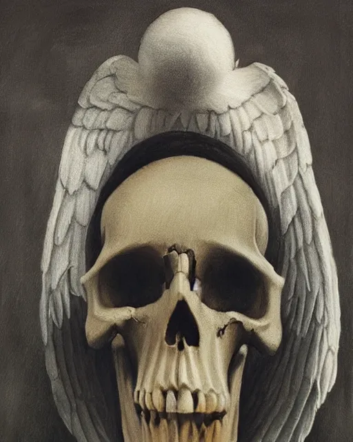 Image similar to an angel with a skull for the head, by jenni pasanen