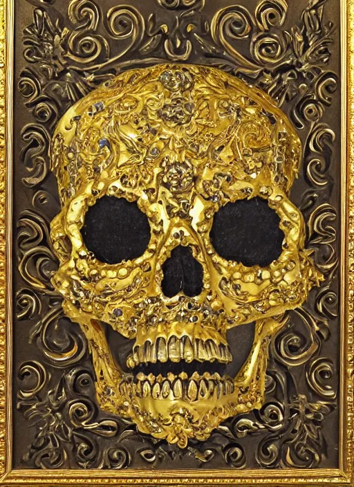 Prompt: baroque ornate gothic gold skull painting covered in jewels