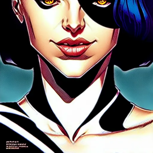 Image similar to artgerm, joshua middleton comic cover art, pretty domino character marvel comics sarah michelle gellar, place white skin, asymmetrical black spot covering left eye only, no spot right eye white around right eye