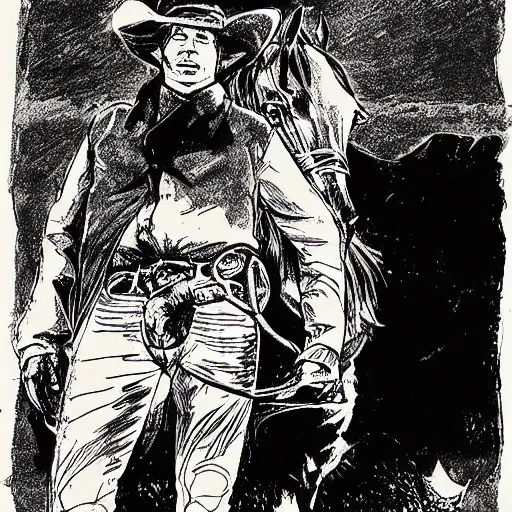 Image similar to a portrait of a cowboy and his horse, by sergio toppi