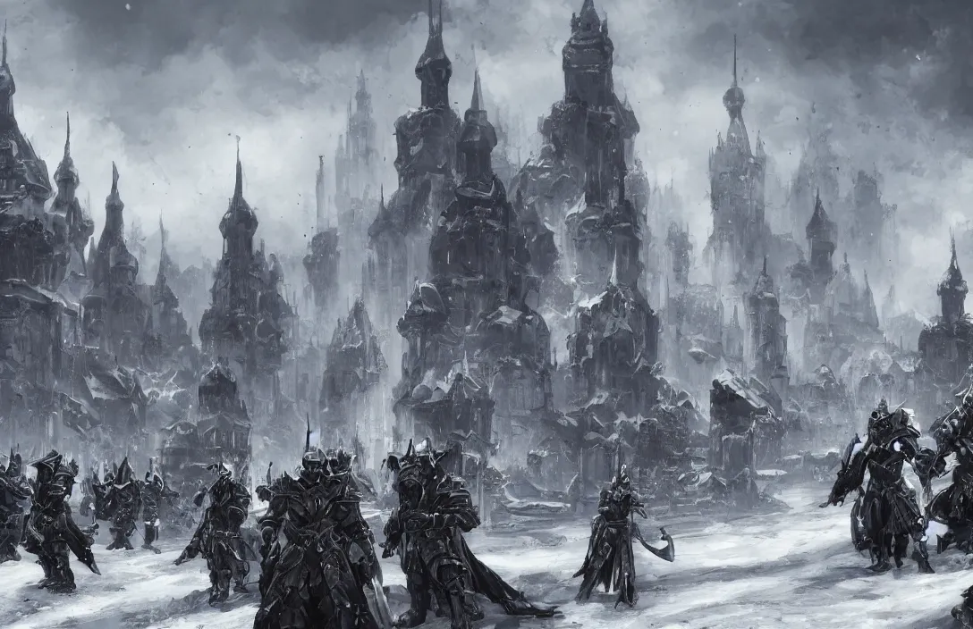 Image similar to black armoured Garlean soldiers in sci fi imperial Russia, snow capped mountains, industrial citadel black domes and spires, highly detailed beautiful concept art of an oppressive towering city, very very very clean clear digital artwork with professional composition