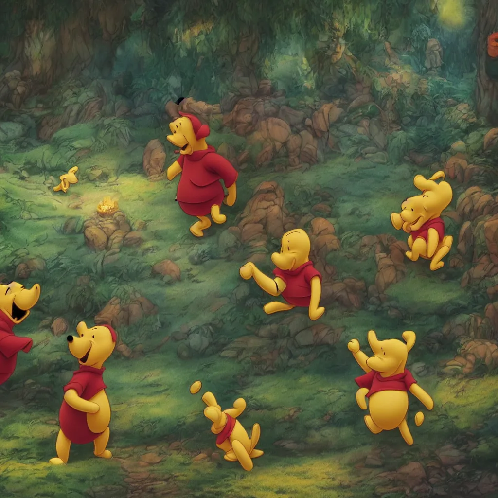 Prompt: epic finale scene of winnie the pooh being subdued by goofy and donald duck, highly detailed, volumetric lighting, epic light, cinematic, ultra detailed, by Leesha Hannigan, Ross Tran, Thierry Doizon, Kai Carpenter, Ignacio Fernández Ríos