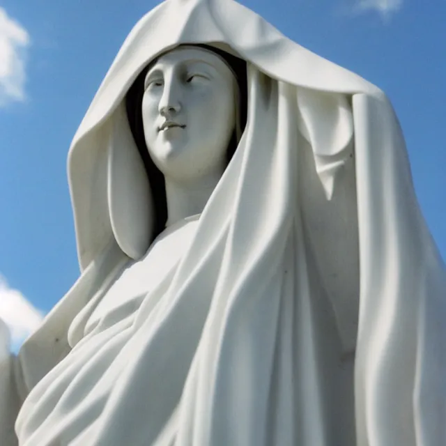Prompt: white statue of mother mary pictured slightly from below, clear sky with blue clouds in background, polaroid