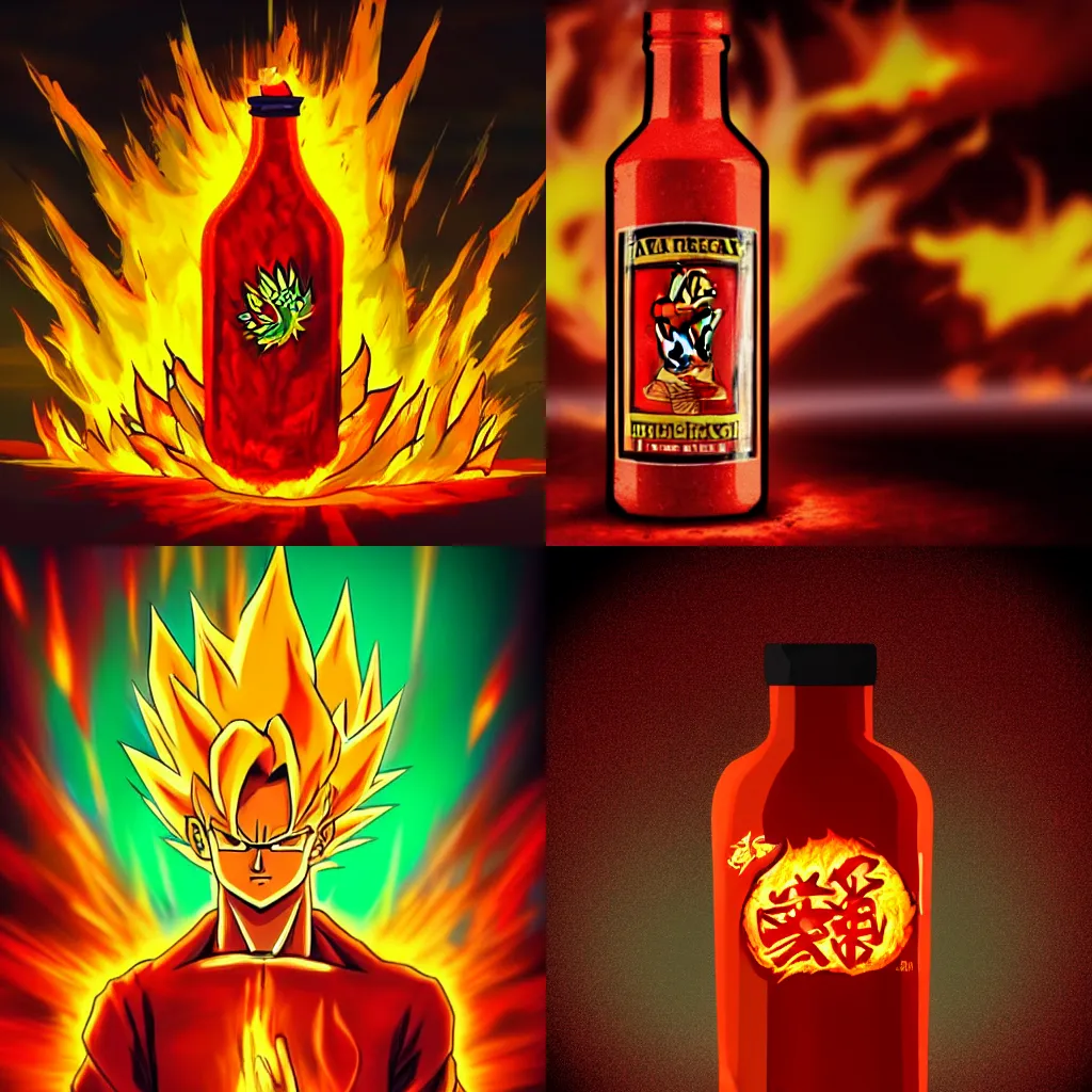 Prompt: a bottle of sriracha going super saiyan, yellow and orange fire in the background, anime artstyle, dramatic lighting, intense lighting, bright