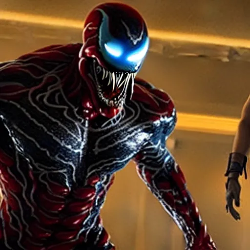 Image similar to movie still venom fused with carnage and ironman