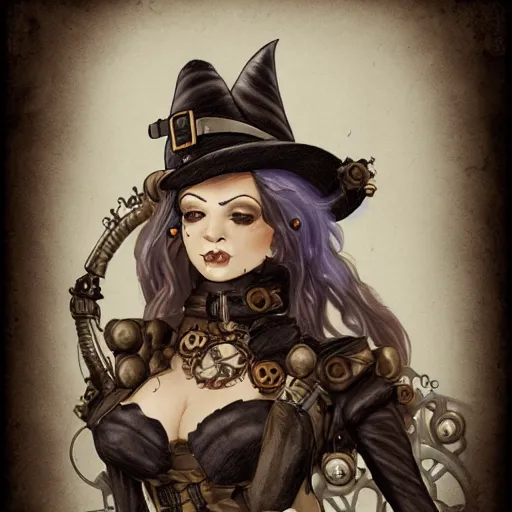 Prompt: sketch of a steampunk witch, trending on artstation