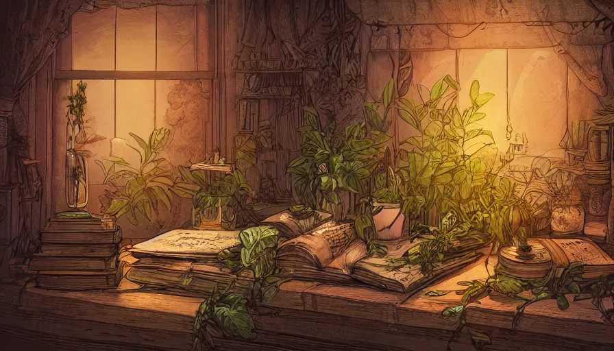Prompt: plants and flowers immersed in glass bottles on table on witch's room, witch's hat, old books and dip pen, looking down, wide shot, digital illustration, dramatic lighting, cinematic composition, concept art, detailed textures