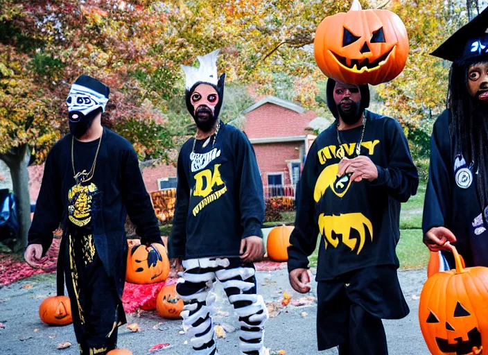 Image similar to dslr photo still of odb of wu tang clan trick or treating on halloween, 4 k, 1 2 0 mm f 1 6