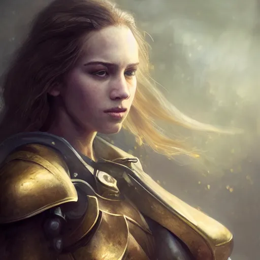 Image similar to attractive aesthetically pleasing young woman portrait, partially clothed in metal-plated battle armor, atmospheric lighting, painted, intricate, volumetric lighting, beautiful, golden hour, sharp focus, ultra detailed, by Leesha Hannigan, Ross Tran, Thierry Doizon, Kai Carpenter,Ignacio Fernández Ríos