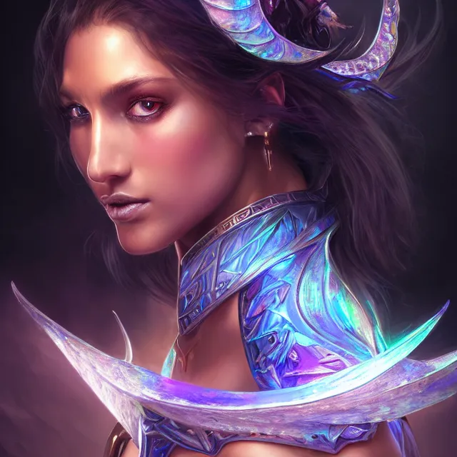 Prompt: detailed portrait of beautiful fantasy paladin made of iridescent smoke, dark fantasy, sharp focus, vibrant, vivid, magical shiny skin, symmetry, highly detailed, 4 k digital painting, detailed skin, crystal, magical, raytracing, plasma, artistic, concept art by artgerm, greg rutkowski, alphonse mucha, unreal engine render,