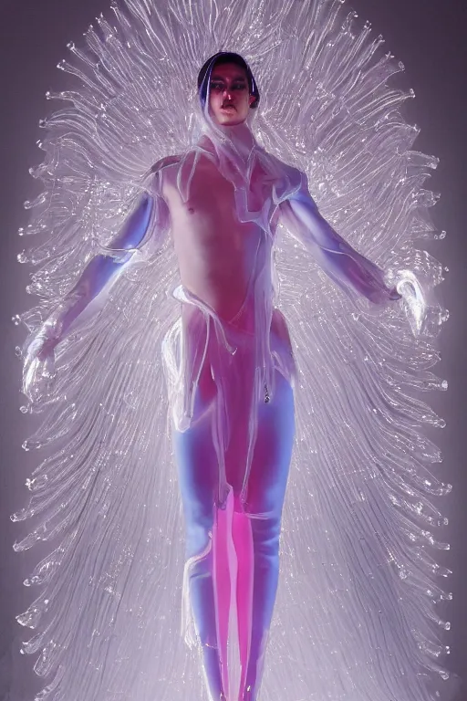 Image similar to full-body rococo and cyberpunk delicate crystalline sculpture of a muscular iridescent slender Spanish male as a humanoid deity wearing a thin see-through ((plastic hooded cloak)) sim roupa, reclining con las piernas abiertas, glowing pink face, crown of white lasers, large diamonds, swirling black silk fabric. futuristic elements. oozing glowing liquid, full-length view. space robots. human skulls. throne made of bones, intricate artwork by caravaggio. Trending on artstation, octane render, cinematic lighting from the right, hyper realism, octane render, 8k, depth of field, 3D