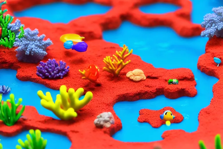 Image similar to fisher price coral reef, california scene from tv show hyper detailed 5 5 mm 8 5 mm, toy photography, made out of plastic