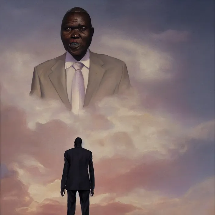 Image similar to a painting of a XXL wise elder from Kenya in a suit by Kehinde Wiley . dramatic angle, ethereal lights, details, smooth, sharp focus, illustration, realistic, cinematic, artstation, award winning, rgb , unreal engine, octane render, cinematic light, macro, depth of field, blur, red light and clouds from the back, highly detailed epic cinematic concept art CG render made in Maya, Blender and Photoshop, octane render, excellent composition, dynamic dramatic cinematic lighting, aesthetic, very inspirational, arthouse.