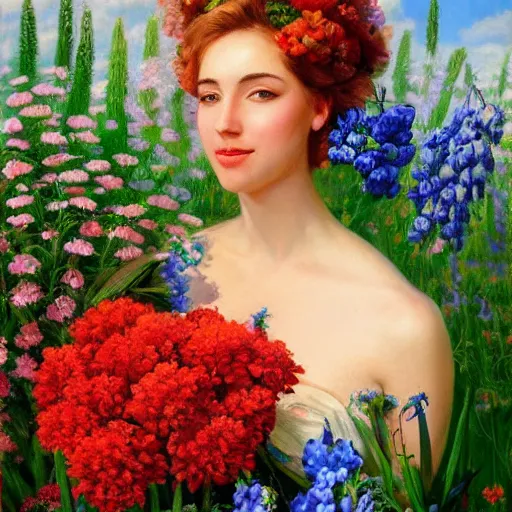 Image similar to a portrait of a romantic woman with flowers grow out of hair, roses peonies forget-me-nots dahlias lupins gladioli, sky theme in background, by Alexandr Averin, Digital Art, Trending on artstation